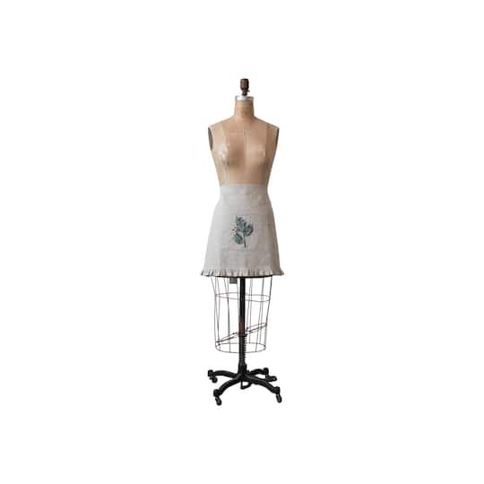 Hello Honey® Natural, Green & Red Woven Cotton & Linen Half Apron with Hand-Embroidered Holly, French Knots, Pocket & Ruffle